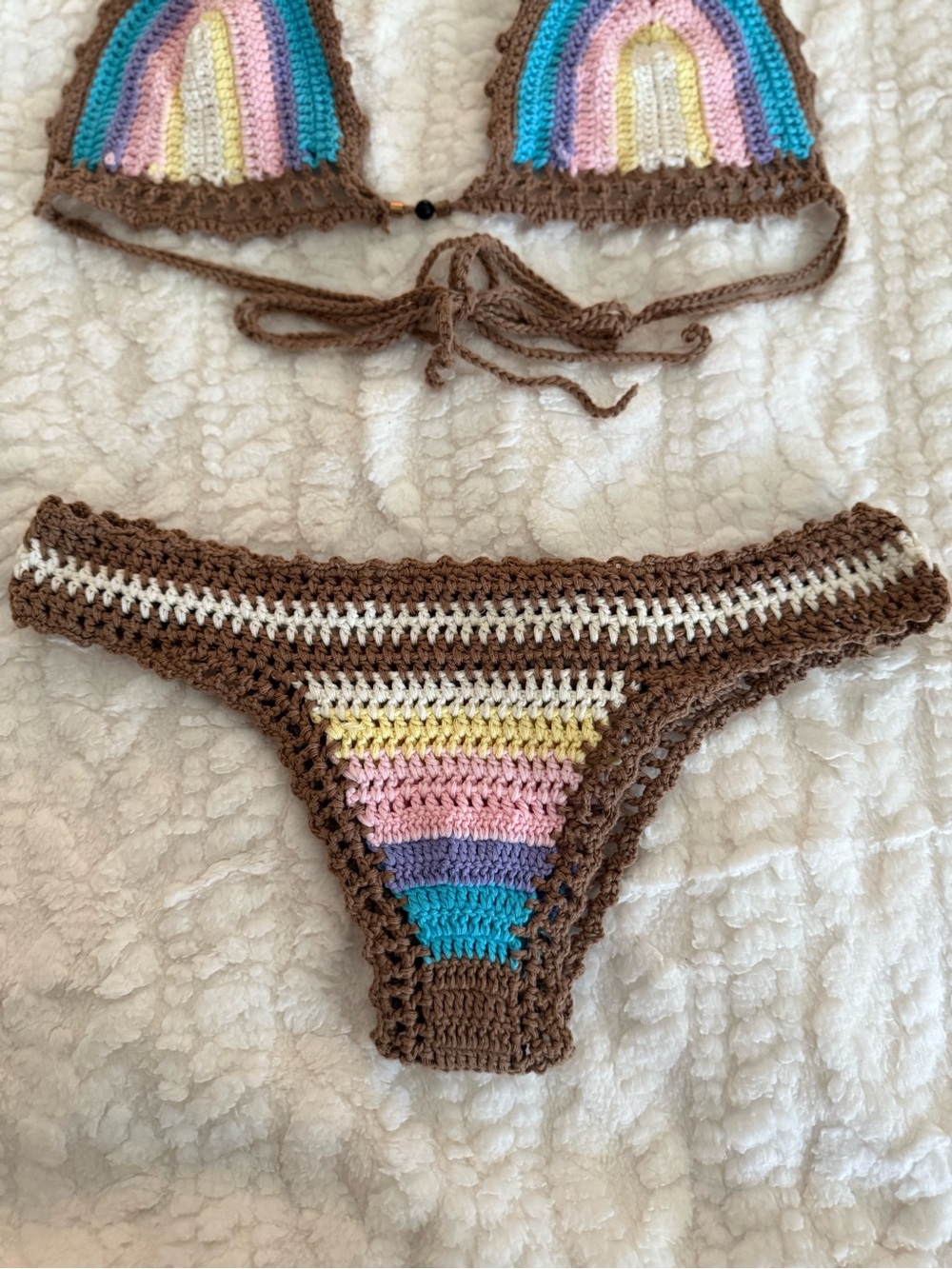 Brown Crochet Rainbow-Trim Bikini Set - Picture 4 of 7